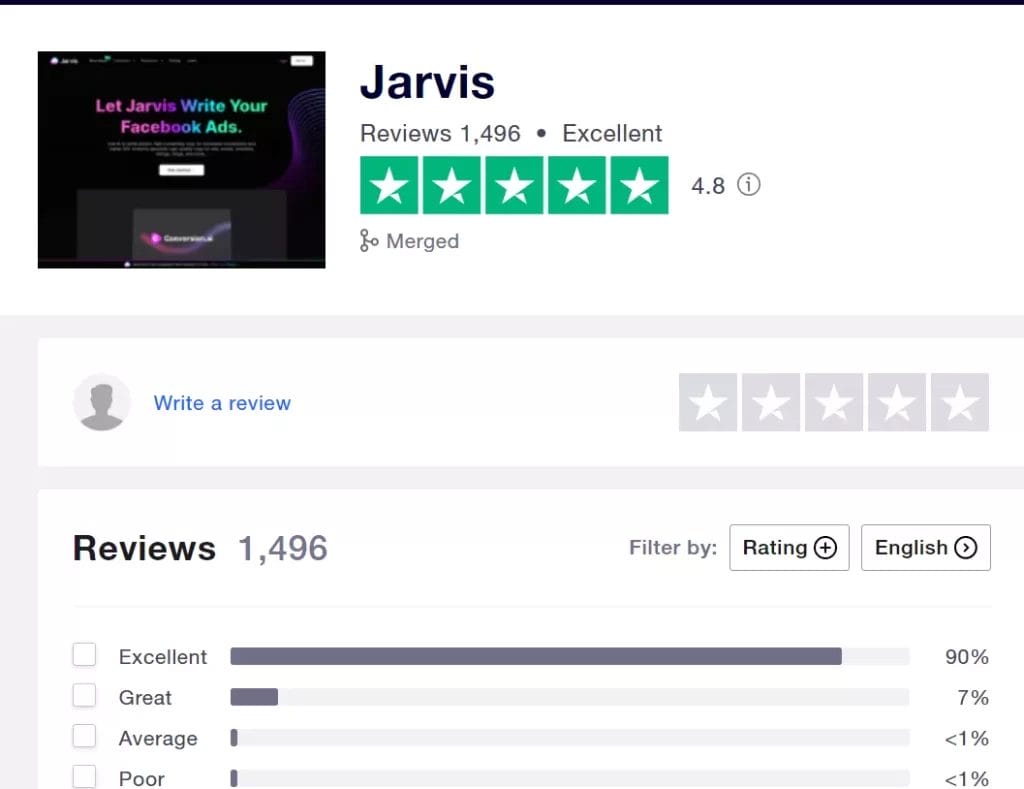 Jarvis AI reviews trustpilot AI writer Content generator Ai writing assistant