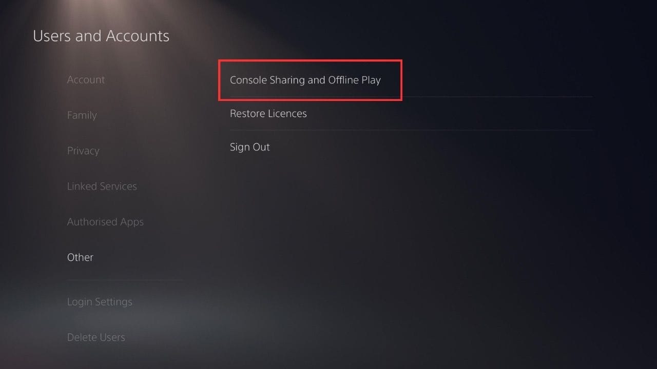 PS5 settings for console sharing and offline play
