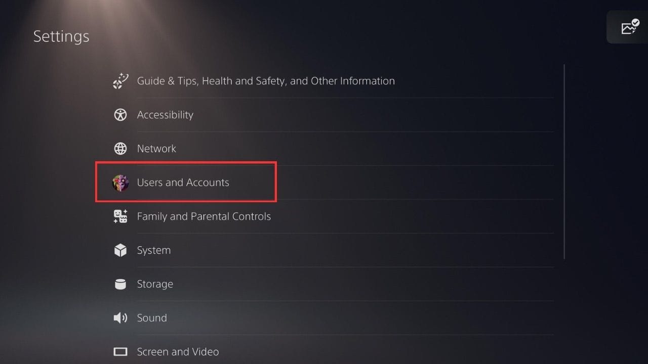 Users and Accounts option in PS5 Settings